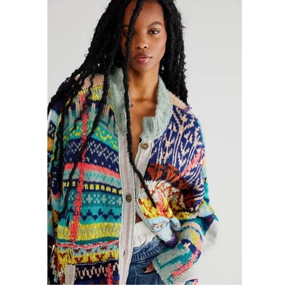 Free People Multicolor Knit Cardigan - Navy, Teal, Pink, Yellow